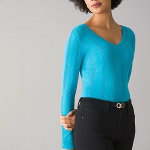 NWT WHBM Long-Sleeve Rib-Detail Pullover/Sweater Top in Delphi (Teal Blue), Sz M